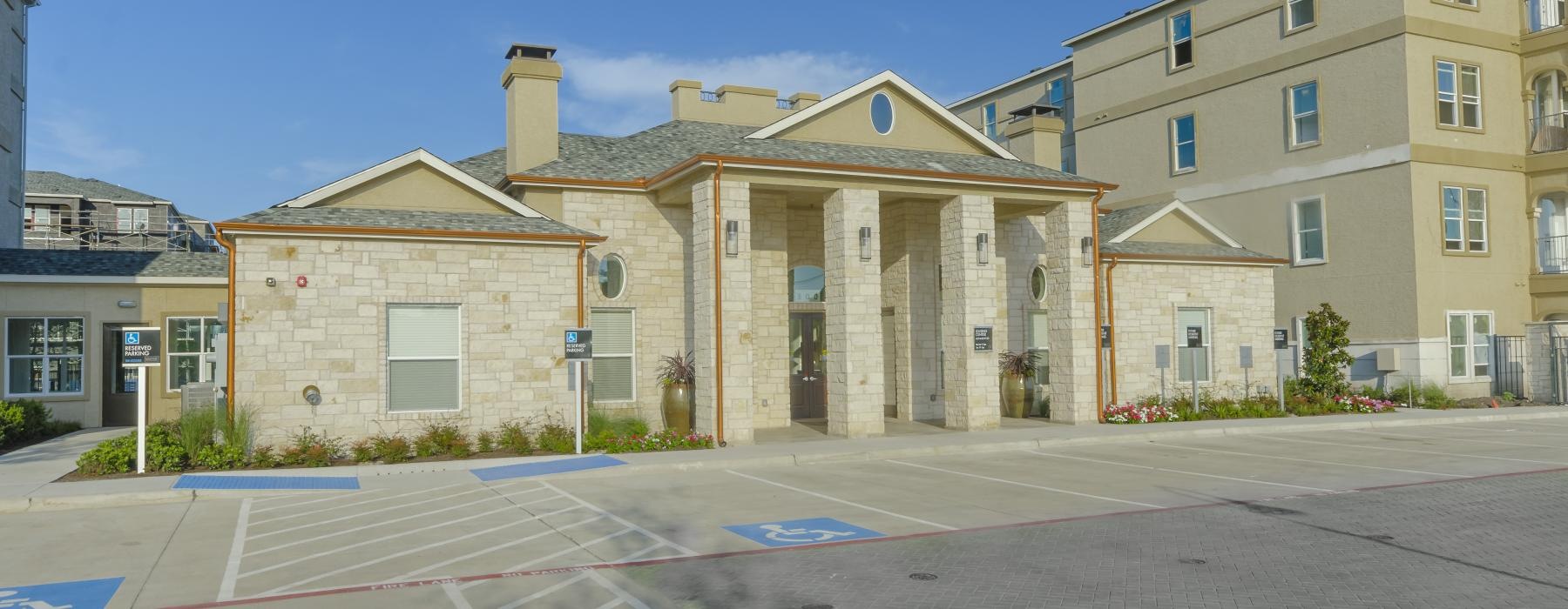 a building with a parking lot
